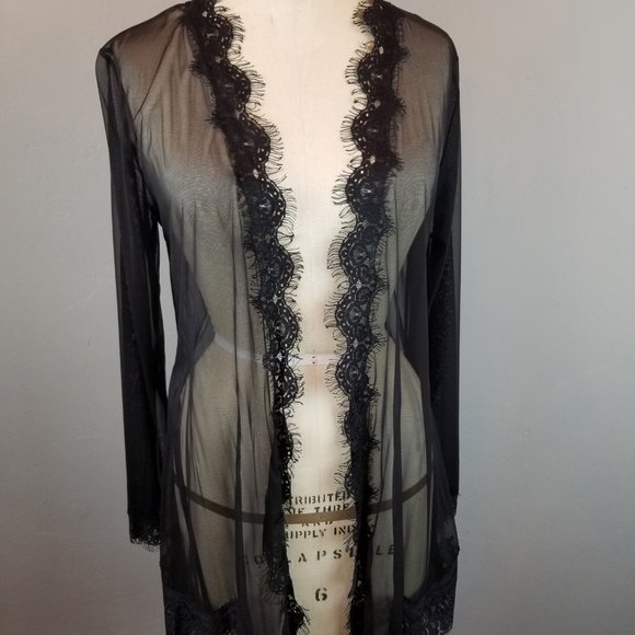 Oh La La Cheri Paris Romantic Sheer Black Lace Robe Women's Size Small / Medium - Picture 9 of 10